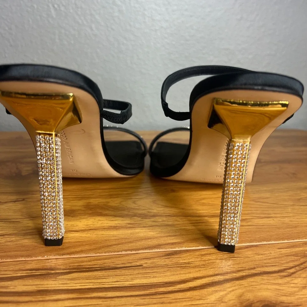 Good American Rhinestone Square Toe Heel Sandal Size 10 Black Glam Stiletto